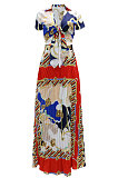 Multicolor Ruffle Skirts Short Sleeve Top Tied Deep V Neck Two-Pieces YF9133-1