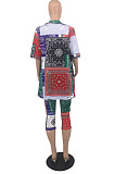 Red Casual Print Loose Shirts Half Pants Two Piece OH8063