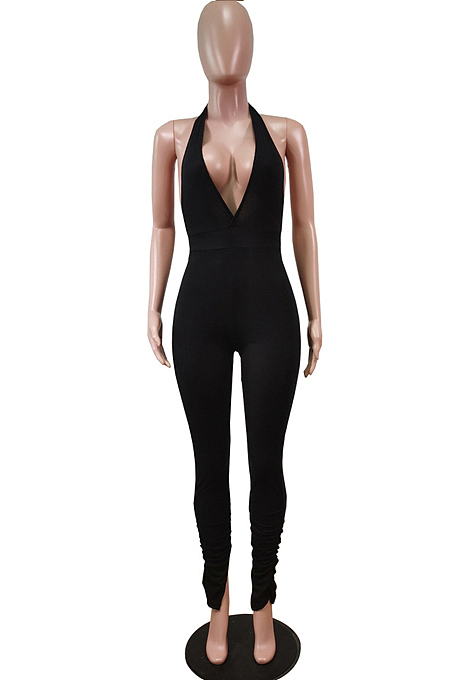 White Pure Color Halter Neck Deep V Collar Backless Slim Fitting Bodycon Jumpsuits WY6832-1