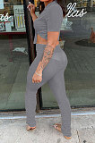 Gray Women Fashion Ribber Deep V Neck Tied Short Sleeve Blouse Pants Sets FFE168-2