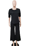 Black Euramerican Women Solid Color Casual Shorts Sleeve Pants Sets AWL5889-1