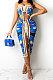 Blue Women Sleeveless Strapless Printing Shirred Detail Split Backless Skirts Sets YF9129-1