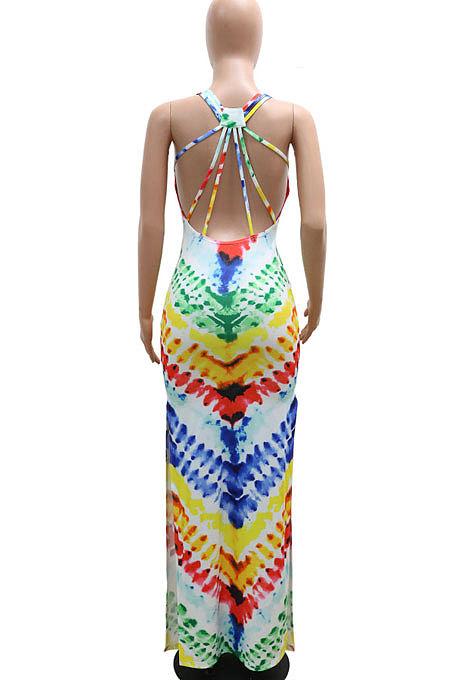 Rainbow Printing Mid Waist Condole Belt Backless Long Dress YF9139