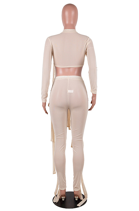 Orange Half Turtle Neck Dew Abdominal Knotted Mesh Long Sleeve Long Pants Sets SZS9083-2