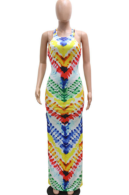 Rainbow Printing Mid Waist Condole Belt Backless Long Dress YF9139