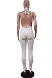 White Pure Color Halter Neck Deep V Collar Backless Slim Fitting Bodycon Jumpsuits WY6832-1