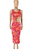 Pink Sexy Mid Waist Sleeveless Dew Waist Midi Dress BYL9008
