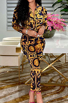 Black Autumn Print Lapel Neck Lantern Sleeve Shirts Long Pants Sets CM2150-3