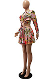 Blue Print Lapel Neck Button Long Sleeve Shirt Mid Waist Pleated Skirts Sets CM2149-2