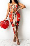 Blue Women Sleeveless Strapless Printing Shirred Detail Split Backless Skirts Sets YF9129-1