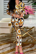 White Autumn Print Lapel Neck Lantern Sleeve Shirts Long Pants Sets CM2150-1