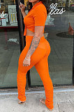 Orange Women Fashion Ribber Deep V Neck Tied Short Sleeve Blouse Pants Sets FFE168-1