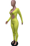 Neon Green Low-Cut Tied Hollow Out Long Sleeve Slim Fitting Bodycon Jumpsuits BBN185-2