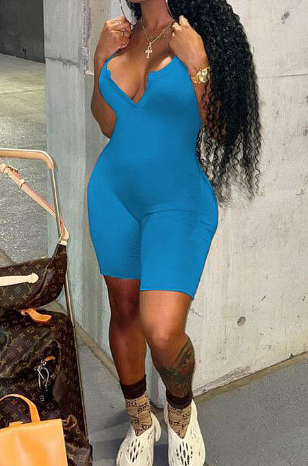 Red Solid Color Summer Notched Neck Sleeveless Tight Tank Jumpsuits OH8076-1