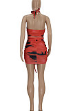 Rose Red Women Trendy Printing Cross Halter Neck Crop Mini Dress FFE166-3