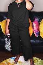 Black Euramerican Women Solid Color Casual Shorts Sleeve Pants Sets AWL5889-1