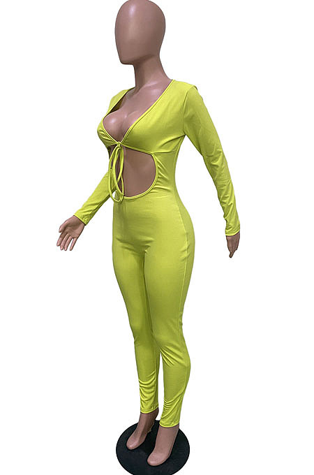 Red Low-Cut Tied Hollow Out Long Sleeve Slim Fitting Bodycon Jumpsuits BBN185-4