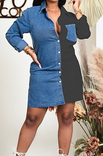 Black Lapel Neck Jean Spliced Long Sleeve Casual Shirt Dress WY6831-3