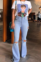 Blue Mid Waist Cotton High Elastic Hole Jean Long Pants MD159-1