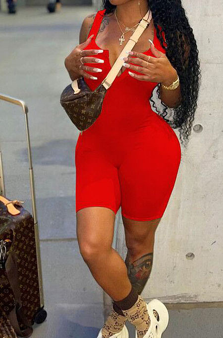 Red Solid Color Summer Notched Neck Sleeveless Tight Tank Jumpsuits OH8076-1
