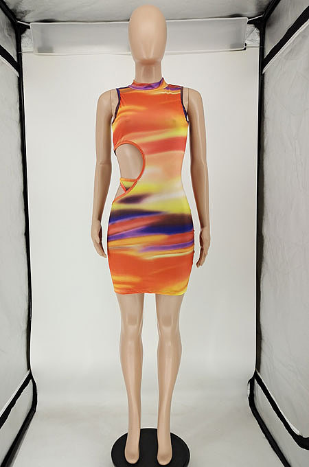 Red Women Trendy Irregularity Printing Dew Waist Sexy Mini Dress NL6087-2