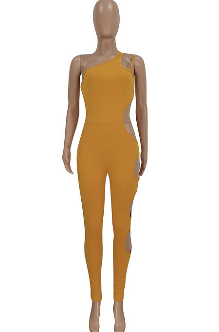 Yellow Women Pure Color Hollow Out One Shoulder Sleeveless Bodycon Jumpsuits FFE167