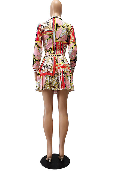 Pink Print Lapel Neck Button Long Sleeve Shirt Mid Waist Pleated Skirts Sets CM2149-1
