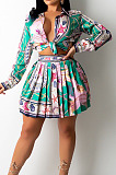 Purple Print Lapel Neck Button Long Sleeve Shirt Mid Waist Pleated Skirts Sets CM2149-3