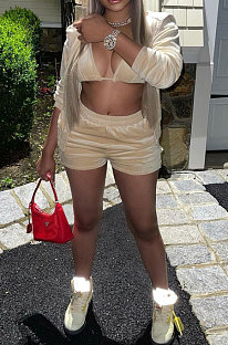 Beige Solid Color Zipper Hooded Cotton Blended Three-Piece Shorts Sets NYM236