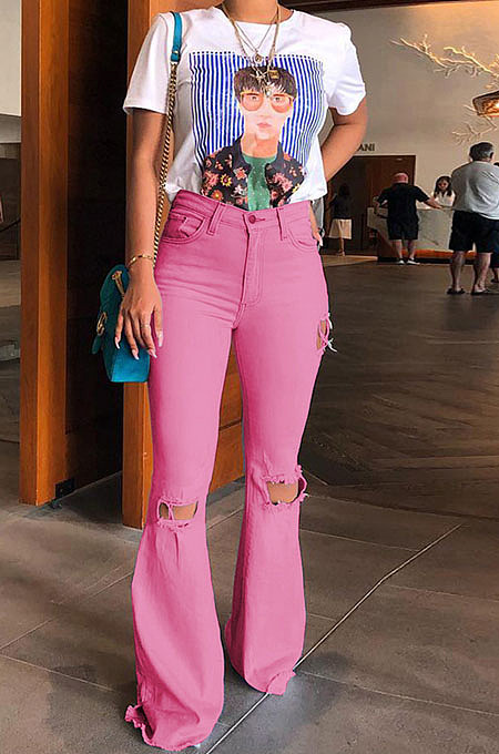 Yellow Mid Waist Cotton High Elastic Hole Jean Long Pants MD159-3