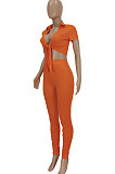 Orange Women Fashion Ribber Deep V Neck Tied Short Sleeve Blouse Pants Sets FFE168-1
