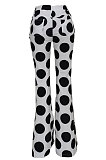 White Women Fashion Mid Waist Polka Dot Tiny Flared Long Pants FFE169