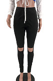 Blue Women Positioning Printing Drawsting Long Sleeve Tank Hole Long Pants Sets MQX23581