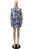Blue Print Lapel Neck Button Long Sleeve Shirt Mid Waist Pleated Skirts Sets CM2149-2