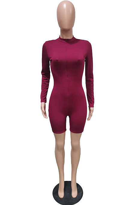 Wine Red Half Turtle Neck Zipper Ridder Tight Long Sleeve Romper Shorts BBN182-2