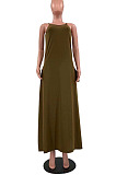 Rose Red Pure Color Condole Belt V Neck Loose Long Dress With A Pocket OH8075-1