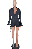 Black Summer Lapel Neck Deep V Collar Ruffle Long Sleeve Romper Shorts ZDD31153-1
