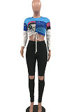 Blue Women Positioning Printing Drawsting Long Sleeve Tank Hole Long Pants Sets MQX23581