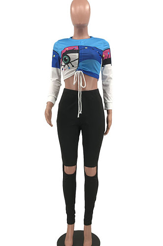 Blue Women Positioning Printing Drawsting Long Sleeve Tank Hole Long Pants Sets MQX23581