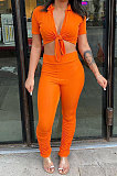 Gray Women Fashion Ribber Deep V Neck Tied Short Sleeve Blouse Pants Sets FFE168-2