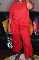 Red Euramerican Women Solid Color Casual Shorts Sleeve Pants Sets AWL5889-3