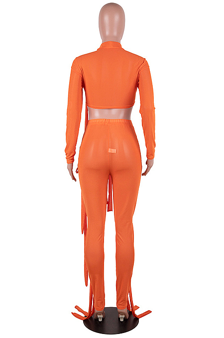 Light Purple Half Turtle Neck Dew Abdominal Knotted Mesh Long Sleeve Long Pants Sets SZS9083-6