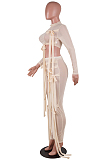 Black Half Turtle Neck Dew Abdominal Knotted Mesh Long Sleeve Long Pants Sets SZS9083-5