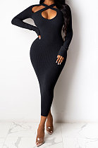 Navy Blue Euramerican Women Sexy Trendy Off Shoulder Solid Color Ribber Long Sleeve Midi Dress FFE026 -2