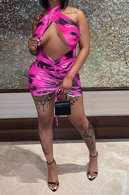 Rose Red Women Trendy Printing Cross Halter Neck Crop Mini Dress FFE166-3