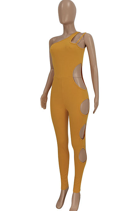 Yellow Women Pure Color Hollow Out One Shoulder Sleeveless Bodycon Jumpsuits FFE167