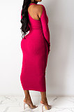 Pink Euramerican Women Sexy Trendy Off Shoulder Solid Color Ribber Long Sleeve Midi Dress FFE026 -1