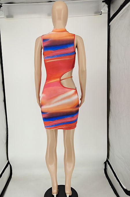 Red Women Trendy Irregularity Printing Dew Waist Sexy Mini Dress NL6087-2
