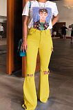 Green Mid Waist Cotton High Elastic Hole Jean Long Pants MD159-5