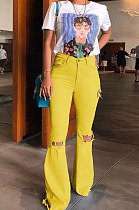 Yellow Mid Waist Cotton High Elastic Hole Jean Long Pants MD159-3